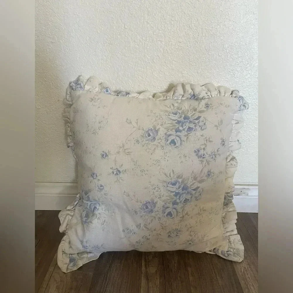 SIMPLY SHABBY CHIC FRENCH FARMHOUSE BLUE RUCHED FLOWER PILLOW HTF RARE